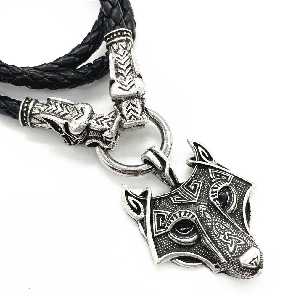Zwarte Ogen Wolf Hoofd Hanger Viking Wolven Heads Lederen Collier Heidense Wicca Talisman Sieraden