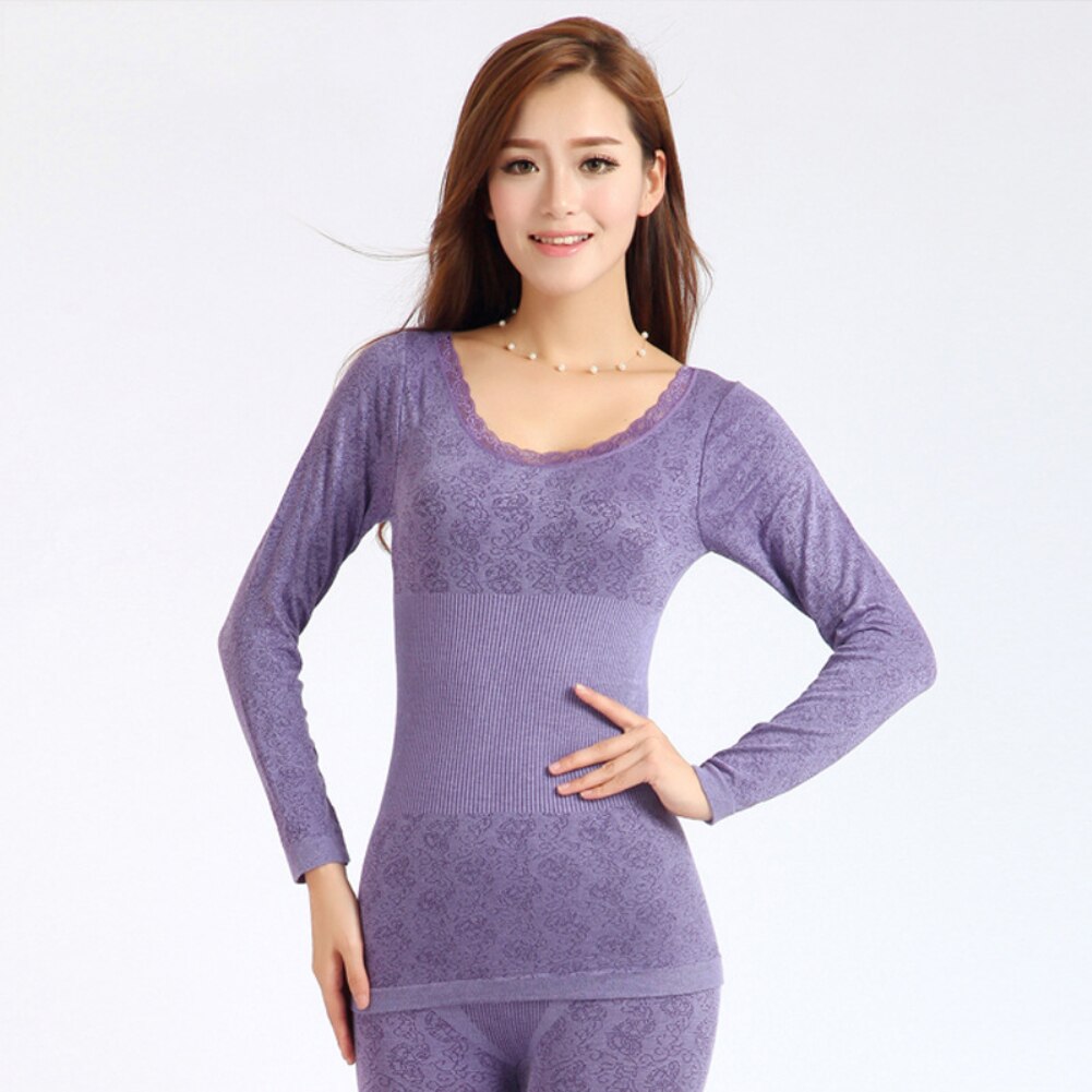 Thermal underwear Thermal women winter Women&#39;s autumn and winter thermal underwear high elastic close O-shirt top pajamas set