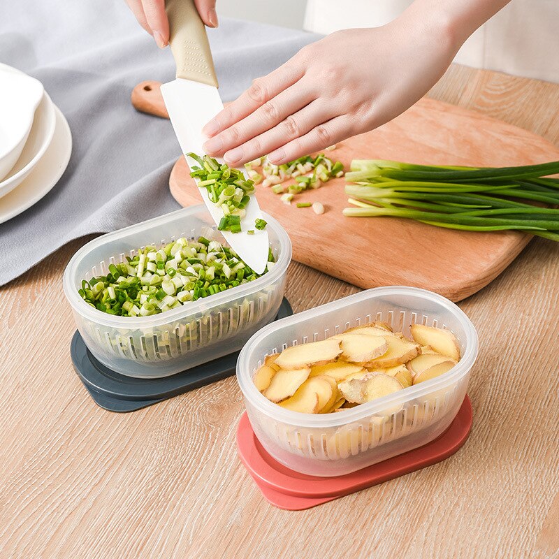 Green Onion Crisper Kitchen Ginger Garlic Storage Box Refrigerator Fruit Portable Square Freshness Preservation Drain Seal Box