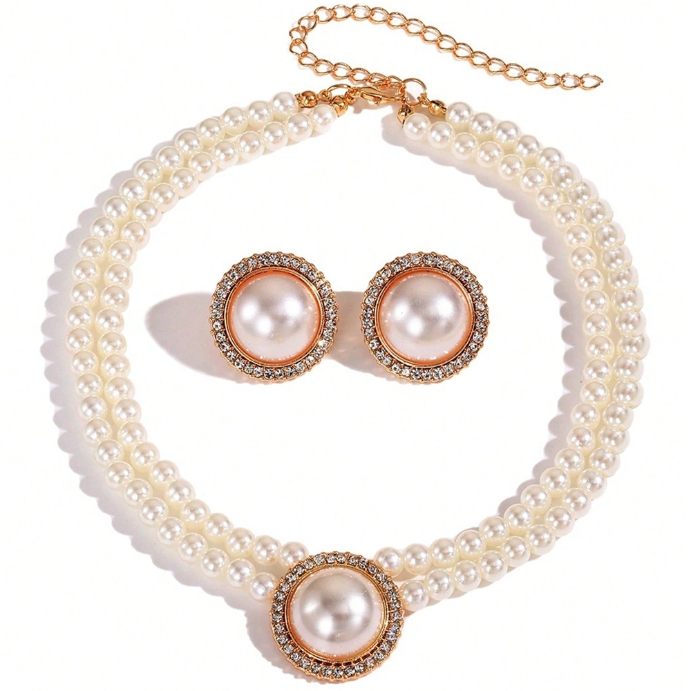 Bruidssieradenset met geometrische ronde strass-steentjes, imitatieparels, kralenketting en oorbellen, feestaccessoires voor dames: Verzilverd