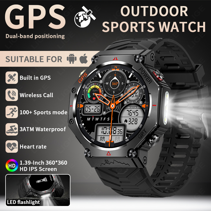 LIGE 2025 Nuova posizione GPS Smartwatch per uomo 530mAh Bluetooth chiamata bussola torcia a LED 3ATM Smartwatch militare impermeabile: BIANCO