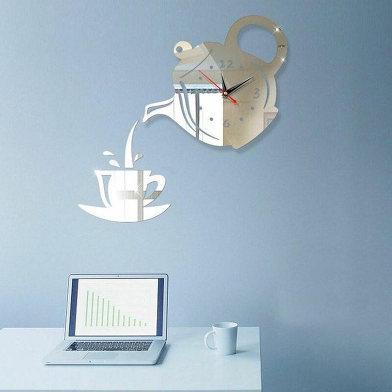 Teapot Kettle Wall Clock 3D Acrylic Coffee Tea Cup Wall Clocks for Office Home Kitchen Dining Living Room Decorations