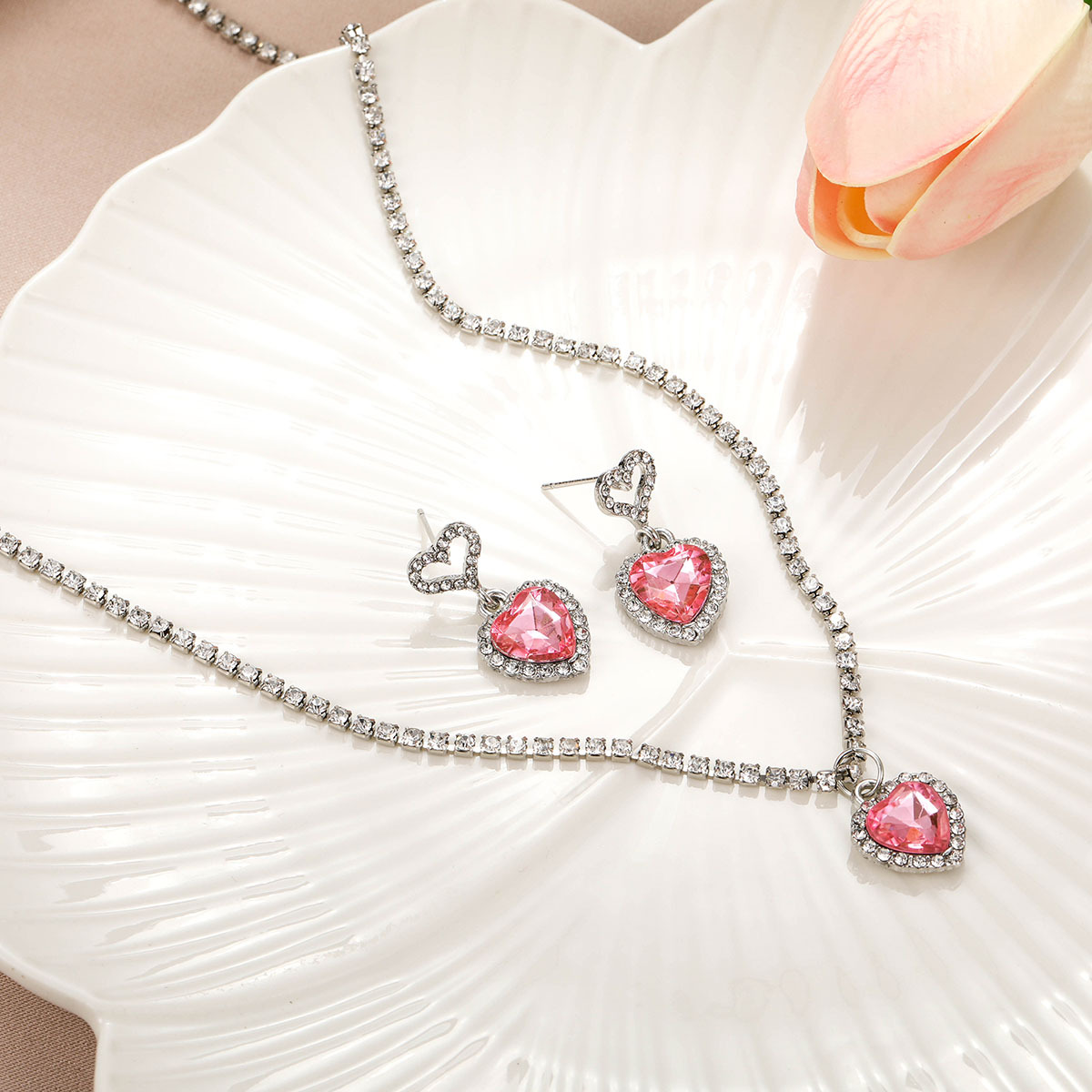 Conjunto de collar y pendientes de cristal rosa con circonita de corazón para mujer, collar colgante de lujo, pendientes, conjuntos de joyería de boda, , 3 uds.