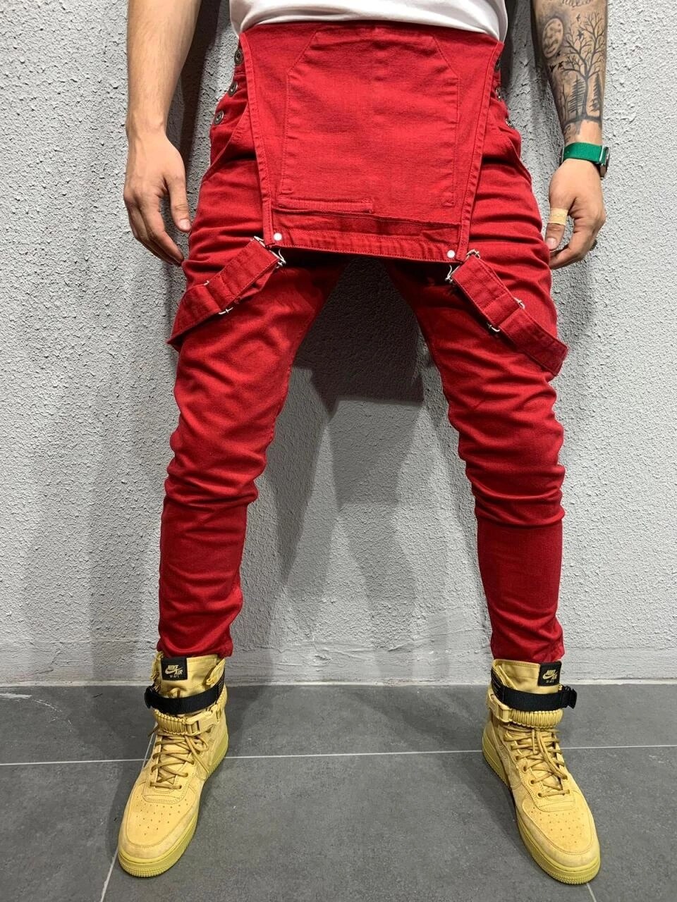 Stil herre ripped jeans jumpsuits hi street distressed denim hagesmæk overalls til mænd selebukser: Rød / Xxl