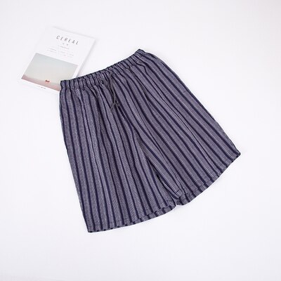 Japanese style linen men's knee length pants cotton gauze pajama striped shorts summer thin casual home sleep bottoms underwear: blue white