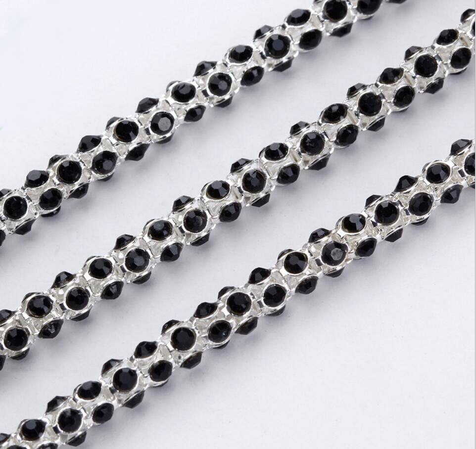 1 Yard 6mm Zwart Kleuren Glas Kristallen Rhinestone op Zilver Metalen Lint Trim Lace Chain Voor Naaien Apperal Craft