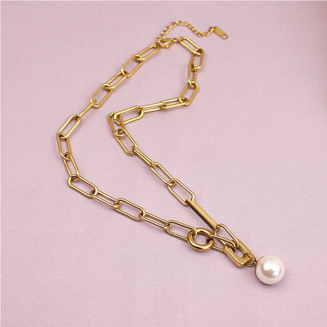 316l stainless steel new elegant jewelry hip hop geometric pearl charms thick chain choker necklaces & pendants for women: Default Title