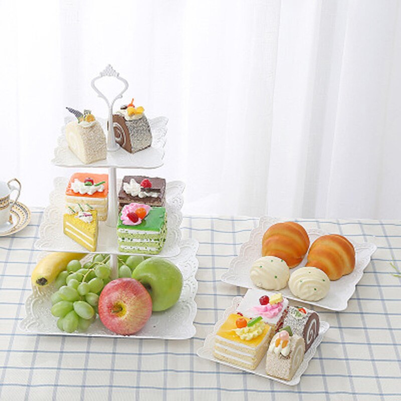 Three Layers Dessert Tray Plastic Serving Platter Cake Stand Tray Europe Round/Square Candy Pan Party Fruit Tray Kitchen Helper