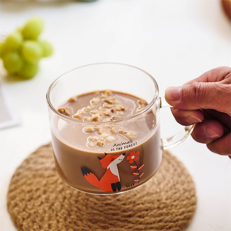 Cute Fox Coffee Mugs Breakfast Animal Milk Juice Tea Heat Resistant With Handle Cup Transparent Thickening Home