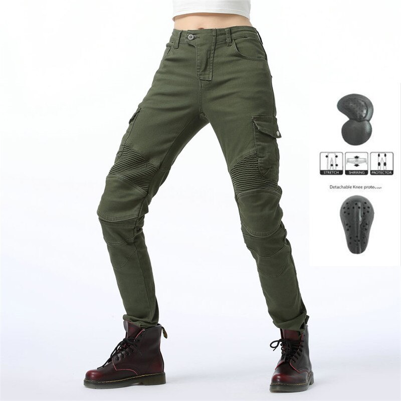 Komine Same Style Spring and Autumn Female Motorcyclist Anti-fall Jeans With Protective Gear Women Knight Moto Pants Equipment: green B / 26