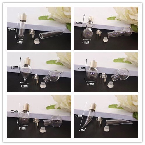 2pc 6mm mischen bilden glas Phiole Anhänger (metall kappe mit gummi stecker Mini glas charme/flasche miniatur fläschchen schmuck halskette