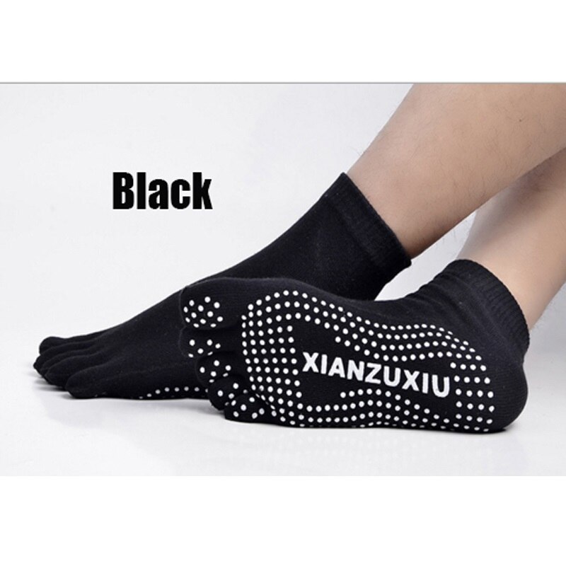 Chaussettes de Yoga pour hommes, respirantes et antidérapantes, en coton, pour Massage à cinq doigts, déodorant, antidérapantes, soins de santé, 4 pièces: Black