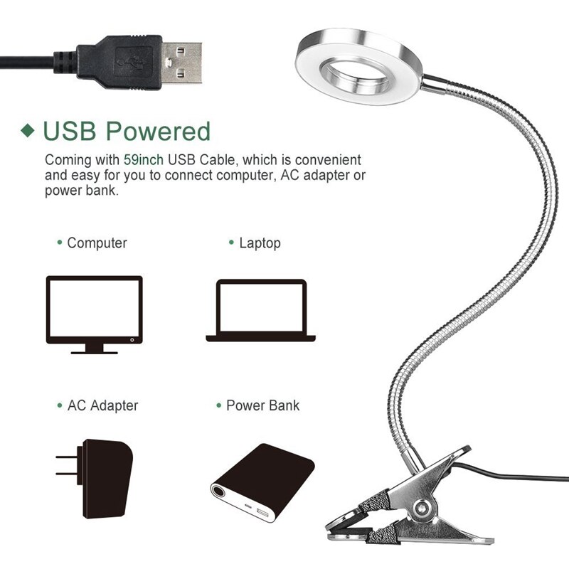 5W Clip Led sur la lumière/liseuse/lumière de lit, luminosité à 2 niveaux et 2 couleurs, lampe à clipser pour les yeux pour miroir de maquillage, bureau, lit