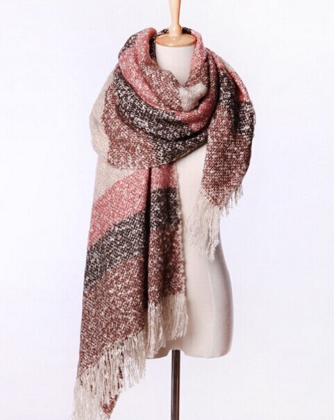 Women Fall Winter Mohair Cashmere Like Scarf Long Size Warm Scarves & Wraps For Lady Casual Patchwork Accessories: Coffee