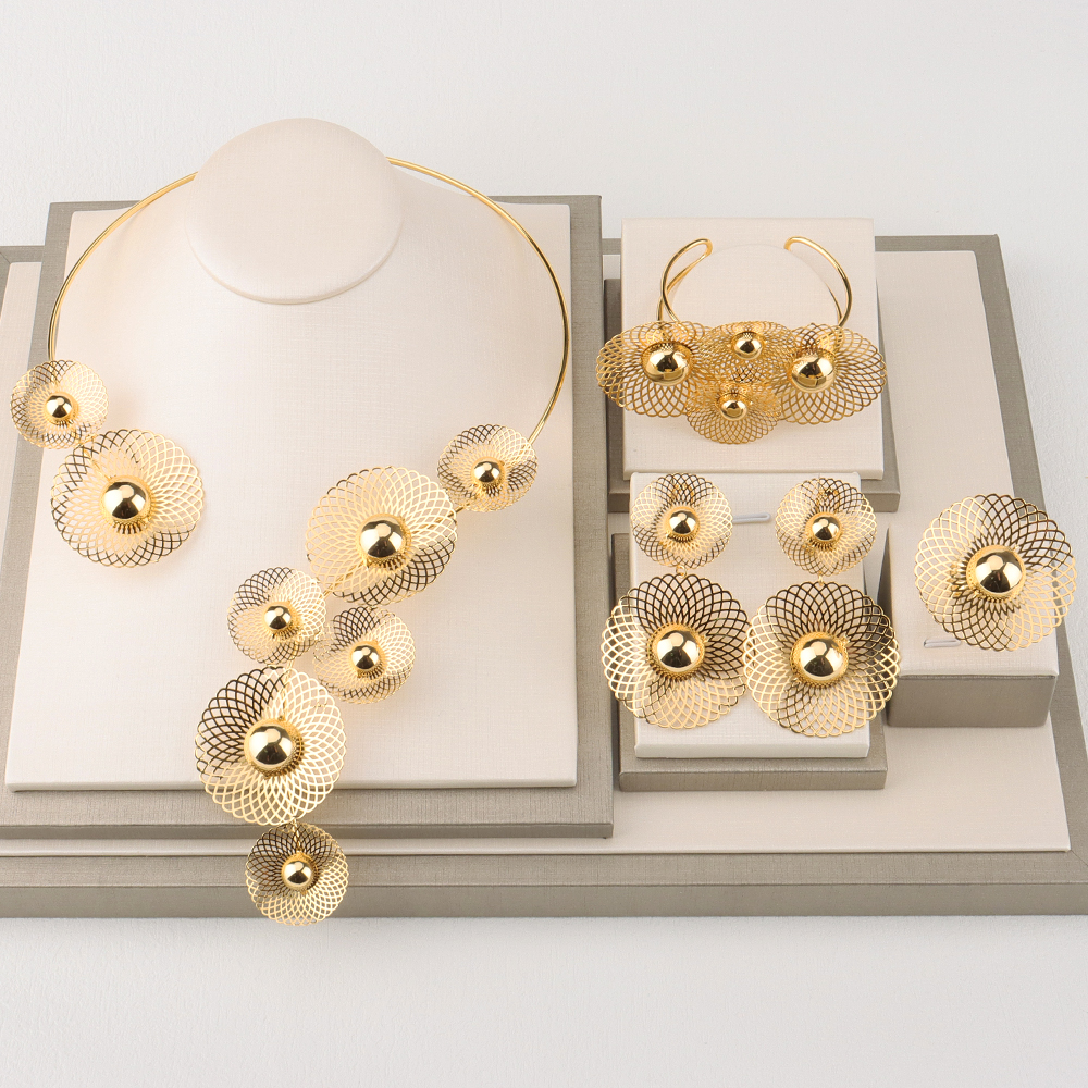 Ensemble de bijoux de mariée de dubaï, fleur de luxe, couleur or, collier rond, boucles d&#39;oreilles, bijoux de mariage, bague, bague, Nigeria: SMT255