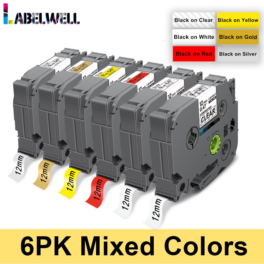 Labelwell 6PK 12mm 231 laminowane labe taśma Multicolors dla 231 131 631 431 531 731 831 wymiana dla brata PTH110 drukarka do etykiet: 6PK Mixed Set 2