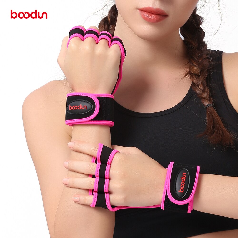 Boodun vægtløftning træningshandsker kvinder mænd fitness sport kropsbygning gymnastik greb gym håndflade beskyttelseshandsker: Lyserød / L
