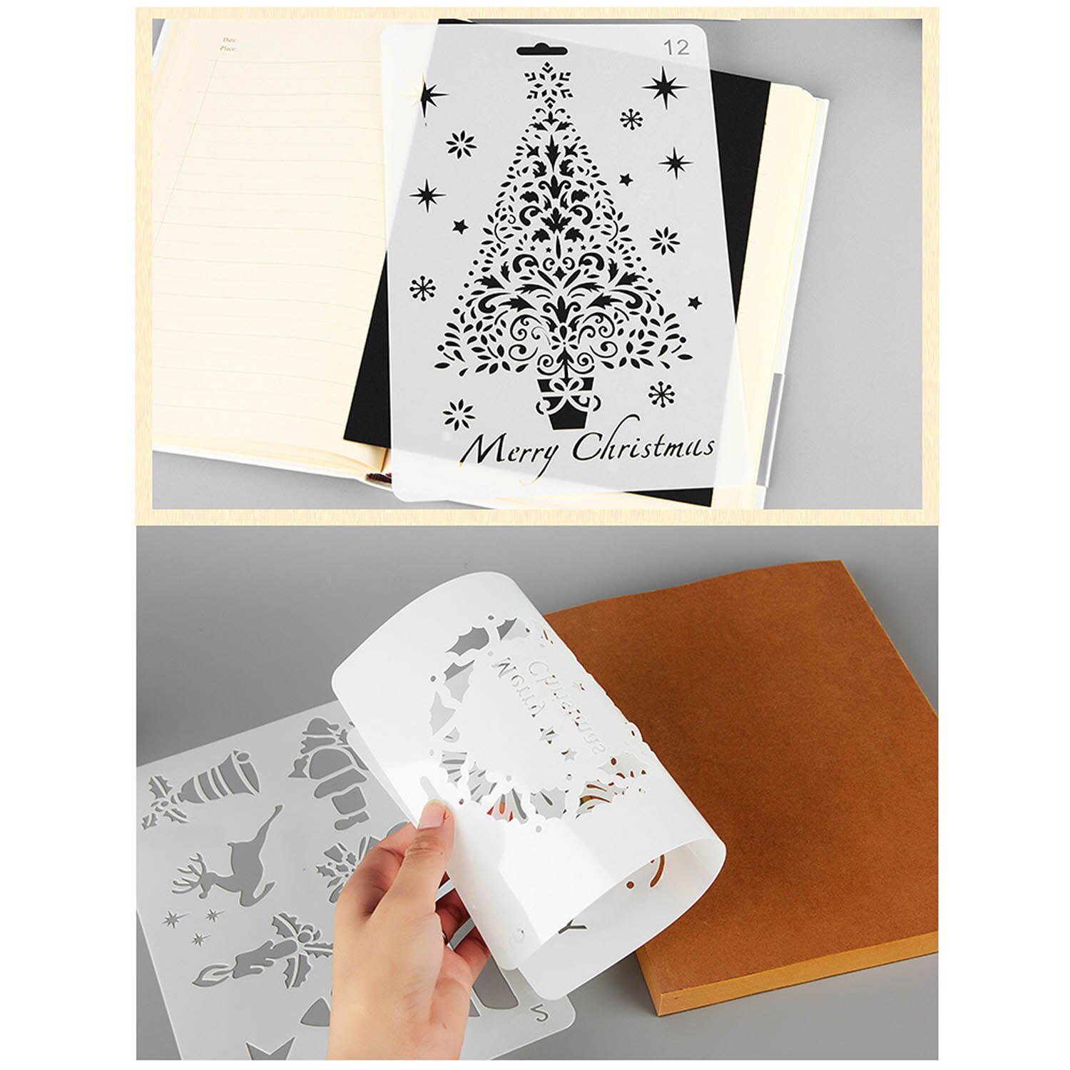 12Pcs Merry Christmas Painting Drawing Stencils Templates DIY Arts Set Toy Pigment School Project Craft Album Card Supplies