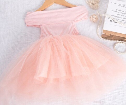 Prinsessekjolekonkurrence nyfødt baby børn pige off shoulder tutu mesh kjole fest bryllup kjole sort hvid pink: Lyserød / 12m