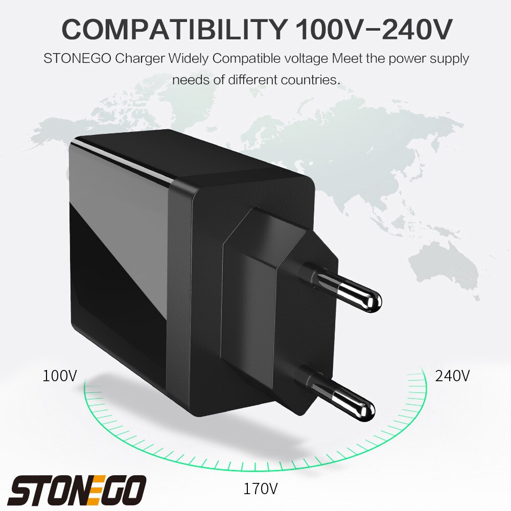 STONEGO cargador de pared USB multipuerto de 31W, salida de 4 puertos con puerto USB QC 3,0 + 3, carga rápida cargador de viaje carga multipuerto