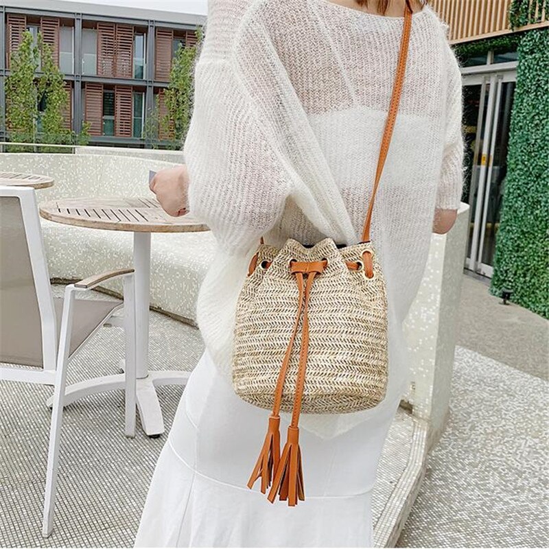 Sommer kvinder kvast bærbar slung skuldertaske retro snøre bucket bag håndtaske