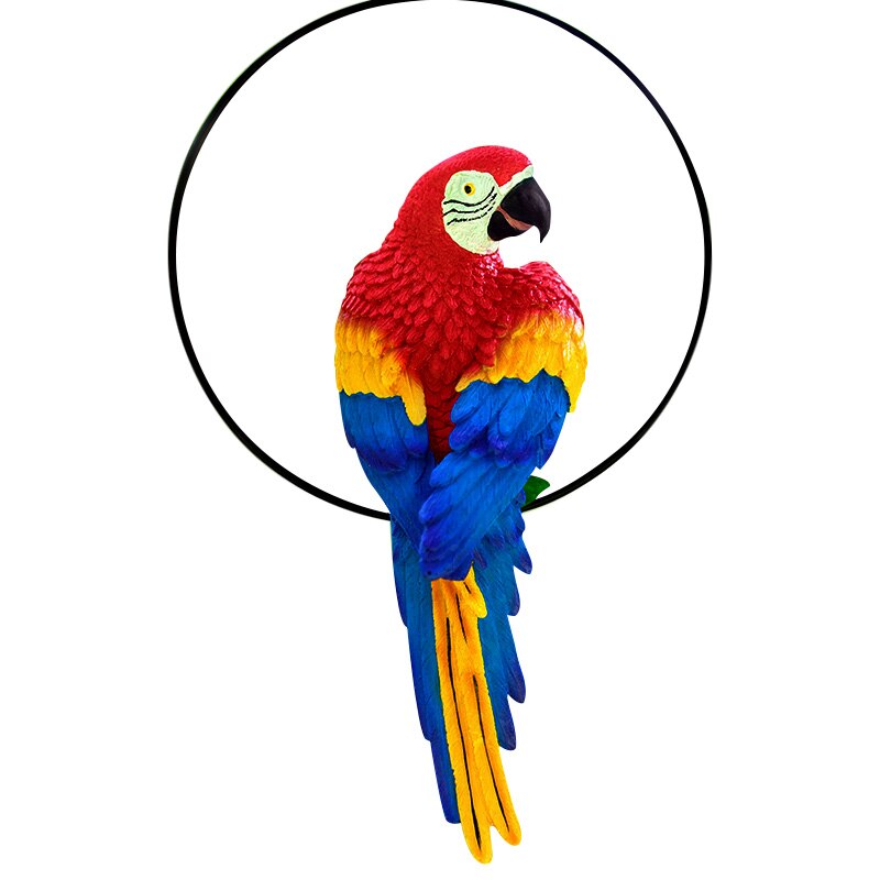 Hand Painted Red Yellow Blue Resin Parrot On Iron Circle Frame Garden Decor Hanging Ornament