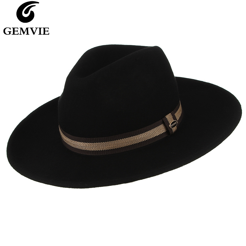 Gemvie wide brim 100%  uldfilt mænd fedora hat med band panama stil vinter hat jazz cap til kvinder gentleman