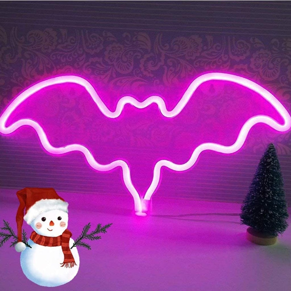 Lyserøde flagermus neonskilte nat led lys til værelse vægdekoration halloween fest hænge op dekorativ drevet af usb og aa batteri