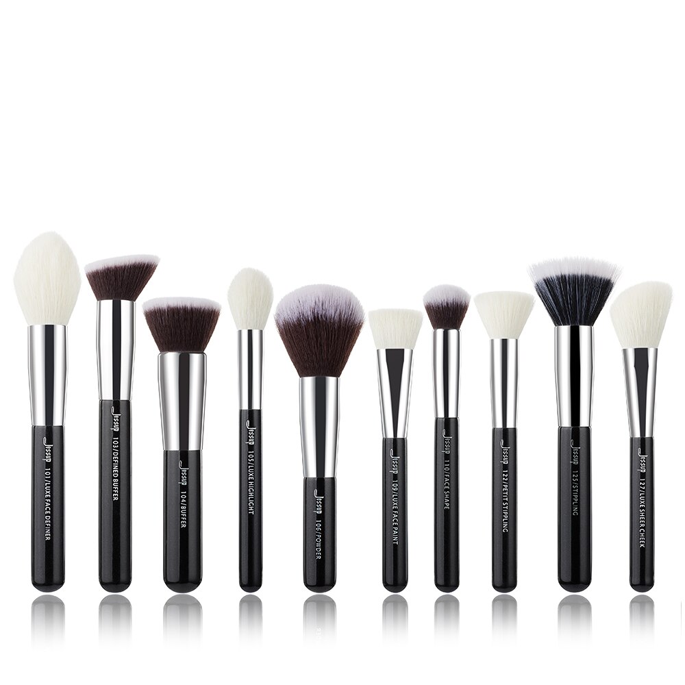 Jessup-pinceles de maquillaje, para base en polvo, maquillaje en polvo, color blanco perla/oro rosa, Definidor facial, pelo natural, 10 Uds.: G2-T186-10PCS