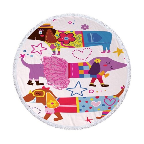 Moda jamnik motyw psa okrągły ręcznik plażowy z frędzlami mikrofibra 150cm koc piknikowy mata gobelin ST1009: 2