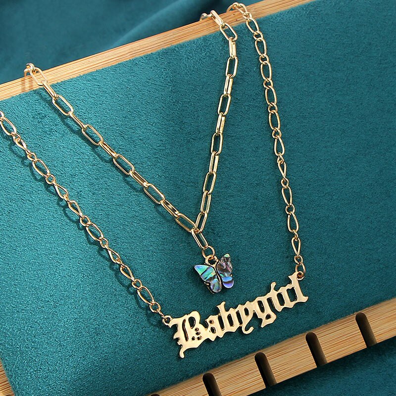 Personalize Punk Letter Necklaces For Women MultiLayer Acrylic Butterfly Charms Pendants Chain Necklace Vintage Jewelry