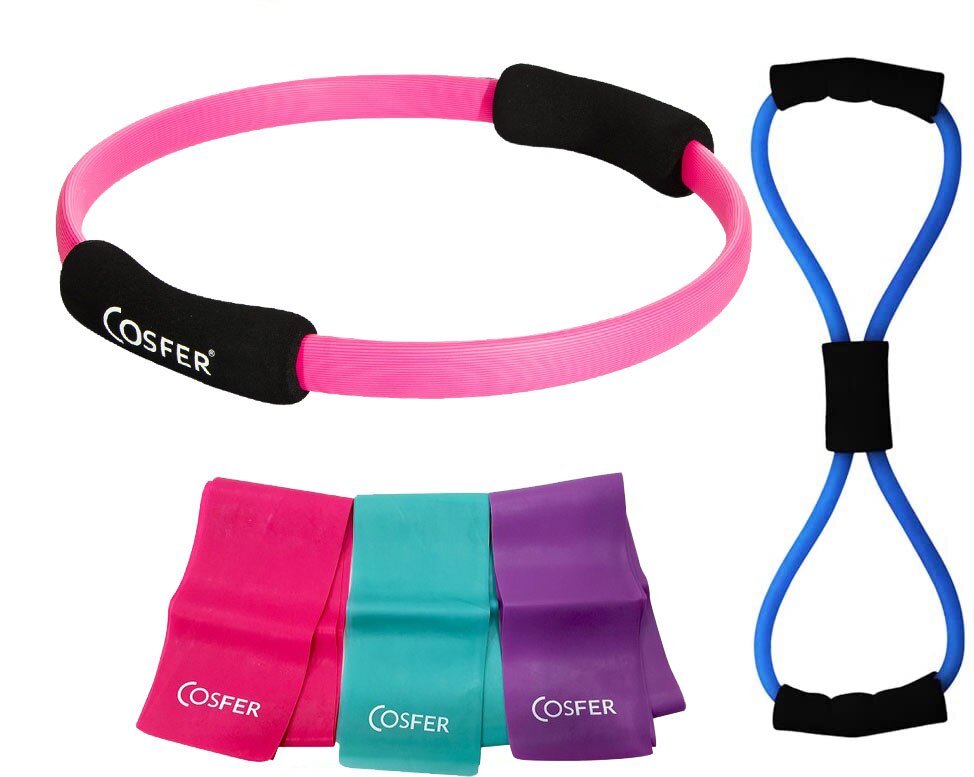 Cosfer 5Pcs Fitness Resistance Band Set Met Pilates Ring Yoga 3Pcs Weerstand Loop Band Figuur 8 Weerstand Band exerci