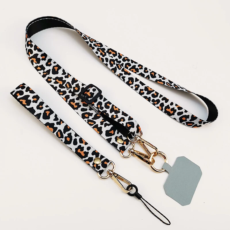 Crossbody luipaardprint op de rug hangende nekketting Verstelbare schouder Brede hanger Anti-verloren sling met clip Mobiele telefoonkoord