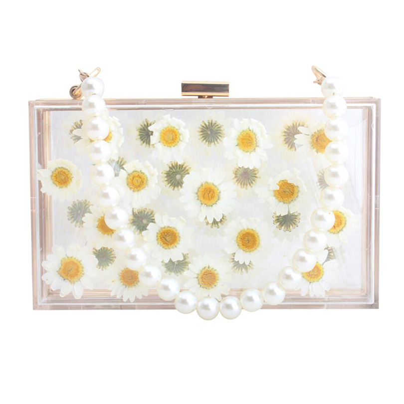 Women Acrylic Sunflower Printed Clear Purse Transparent Crossbody Bag Through Handbags Evening Clutch Events Approved: Beige Bead Strap