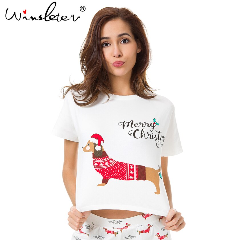 Sleep Top Christmas Dachshund With Santa Hat Dog Print Loose T shirt Women Crop Top Short Top Cotton Pajamas pyjamas T7N001