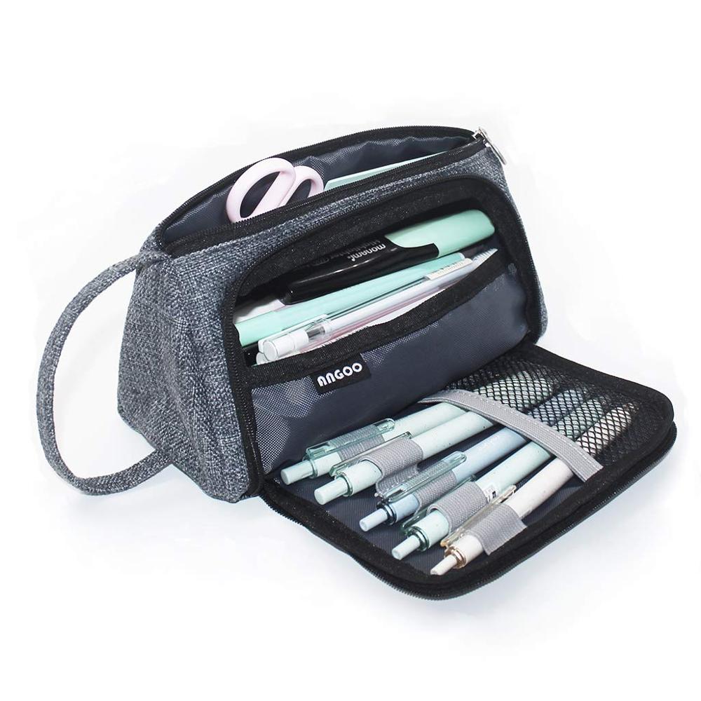 Solid Color Dark Grey Pencil Pouch Big Capacity Pen Bag Side Open Stationery Tools Case Make Up Bag Pencil Bag School Girl