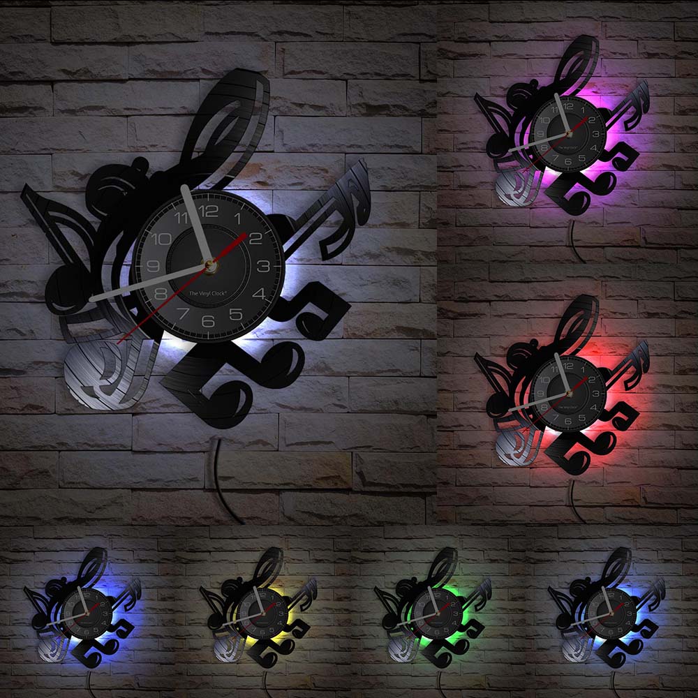 Reloj de pared de agudos con notas musicales para decoración del hogar, reloj de grabación de vinilo Vintage para decoración del hogar, ideal para musical Rock n Roll: With LED