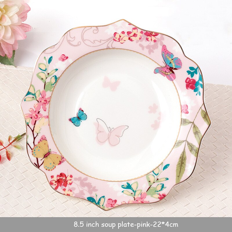 European Style Lace Dinner Plate Fruit Plate Ceramic Tableware Plate Western Food Steak Plate Soup Bowl Food Container: Soup Plate-Pink