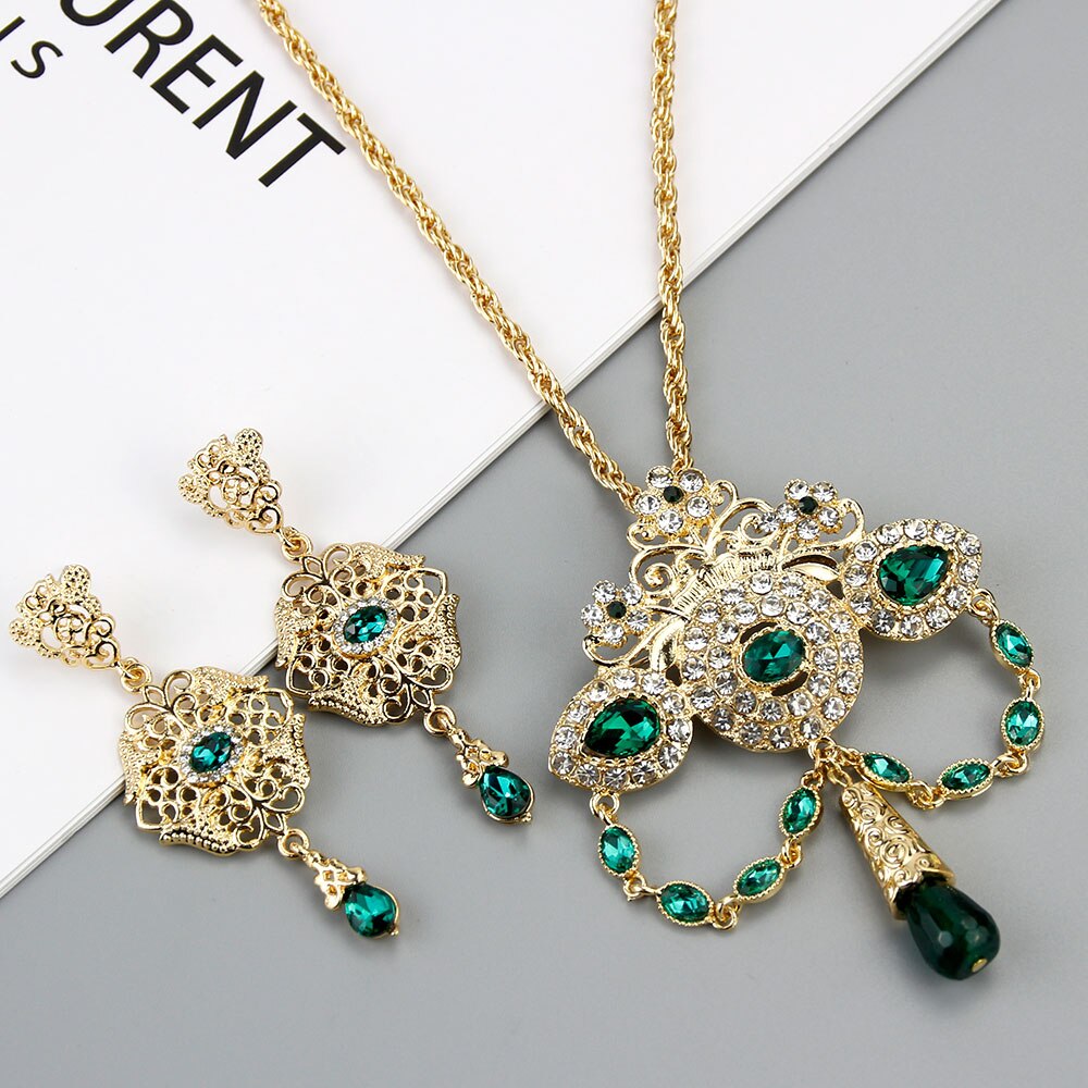 Sunspicems Marokko Bruiloft Sieraden Sets Goud Kleur Earring Lange Hanger Ketting Arabische Bijoux Bridal: LL153U154green