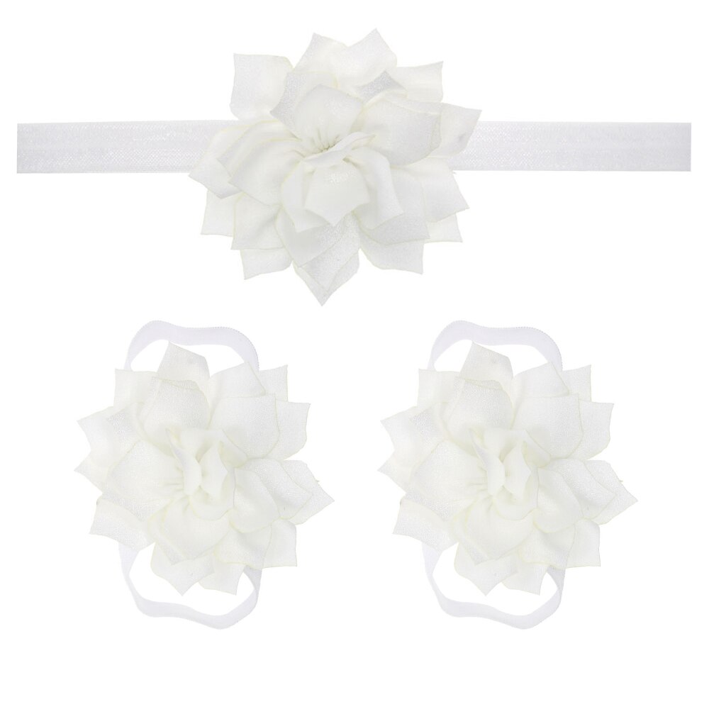 Sandalias de bebé con flores para cubrir zapatos descalzos, lazos de flores, zapatos de primeros pasos para niños, conjunto de diadema, accesorios de fotografía KFA11: KFA11-white