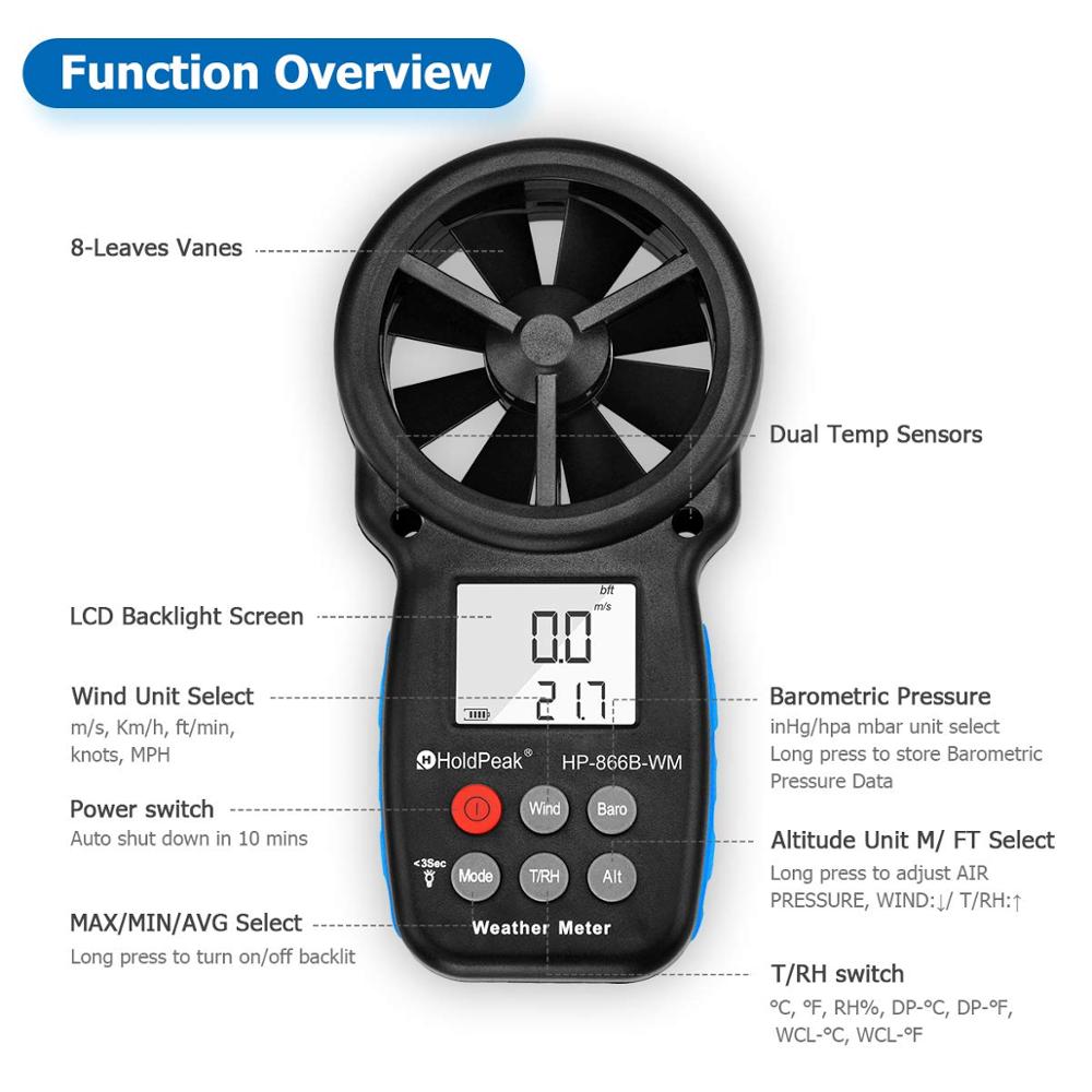 Digital Anemometer 866B-WM Handheld Wind Speed Meter with Back Light LCD Screen for Measuring Wind Speed Temperature humidity