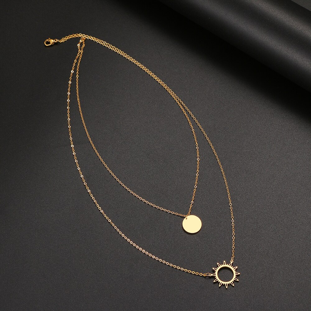 Ciondolo in acciaio inossidabile fiore di sole e collana geometrica rotonda in stile multistrato per gioielli da donna regali per amici 2022 nuovo