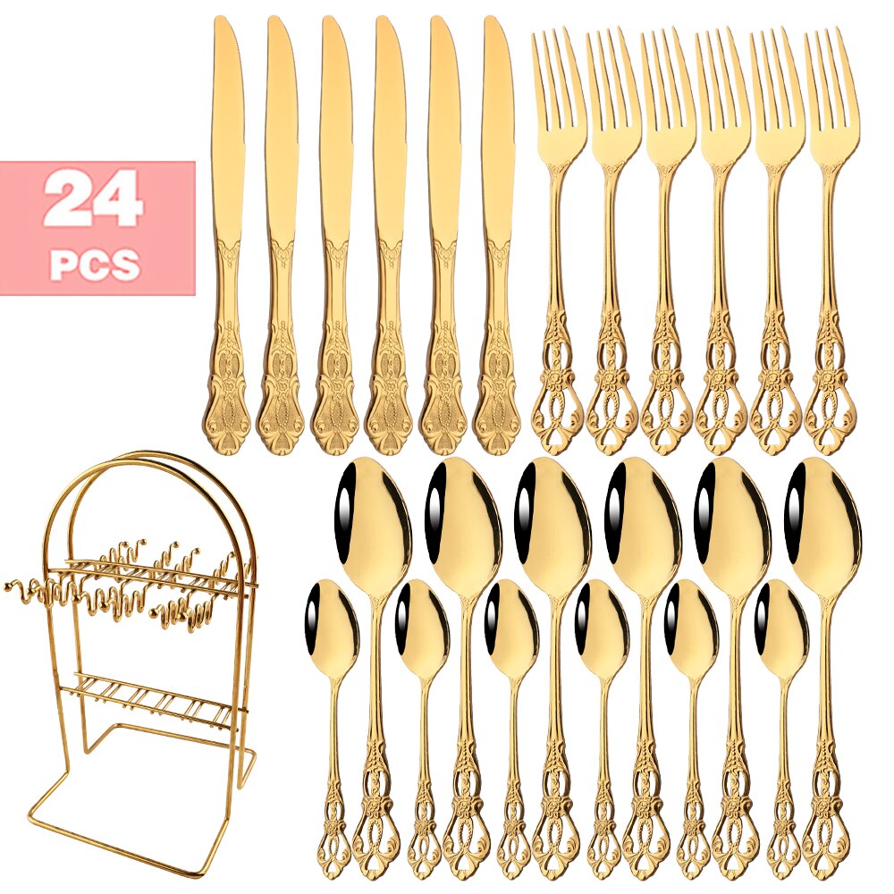 6-24pcs Luxury Wedding Silverware set Silver Dinnerware Knife Fork Tea Spoon Retro Kitchen Flatware Tableware Cutlery Rack Set