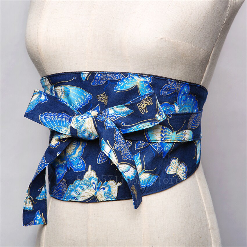 Japanse traditionele kimono riem retro harajuku kanagawa bloemenprint tailleband etnische cummerbunds vrouw yukata strik obi: Kleur 1