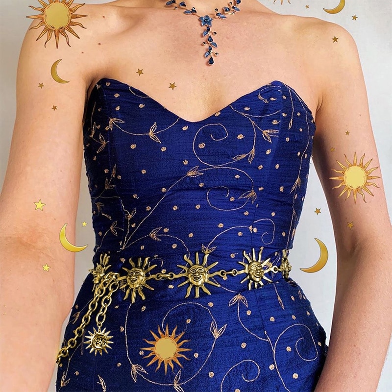 Gothic gold chain belt sun metal ladies waist belts for women long waistband dress citos punk ceinture femme ketting riem