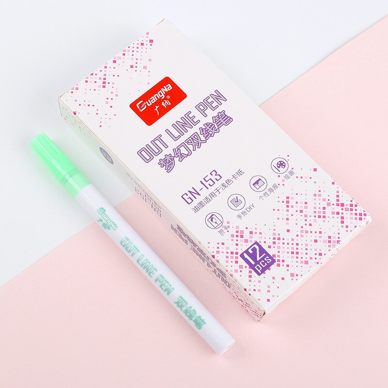 12 Magic Double Lines Art Markers Pen Out Line Pen Fine Liner Marker Fineliner Calligraphy Lettering Pen Color Scrapbooking Pens: Light green 12pcs