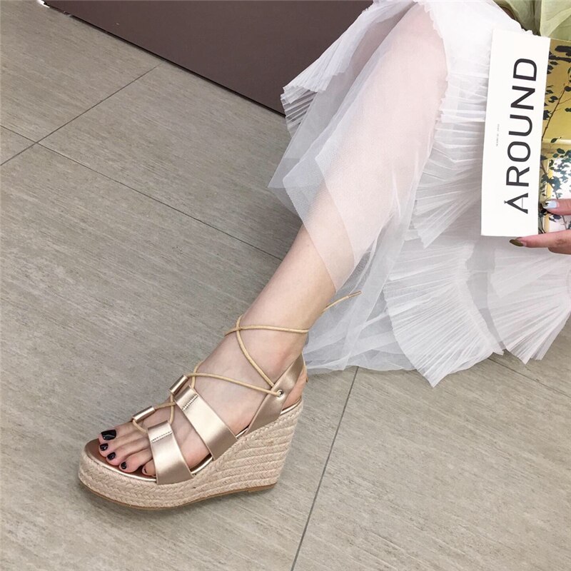 Summer Women Lace Up Platform Sandals Gold Nude High Heels Wedge Sandals Peep Toe Cork Sandals Party Shoes