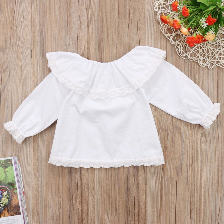 Zomer Pasgeboren Peuter Infant Baby Meisjes Kant Lange Mouwen Tops T-shirts Kleding Effen Witte Zoete Tops Shirt Voor 0-24Months