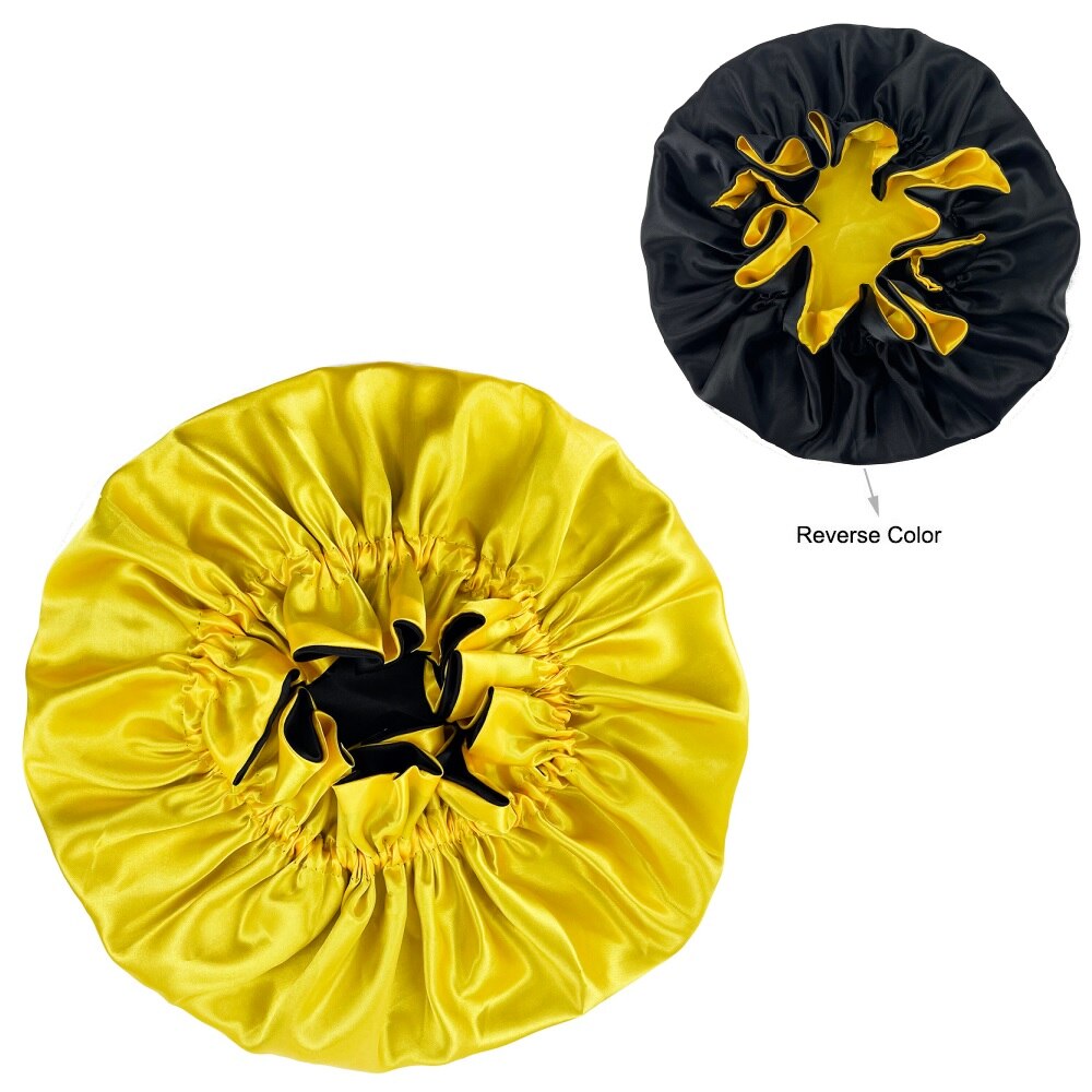 Effen Kleur Omkeerbaar Zijdeachtig Satijn Motorkap Dubbele Laag Slaap Night Cap Head Cover Motorkap Hoed Voor Voor Krullend Veerkrachtig Hair zwart: style443-yellow
