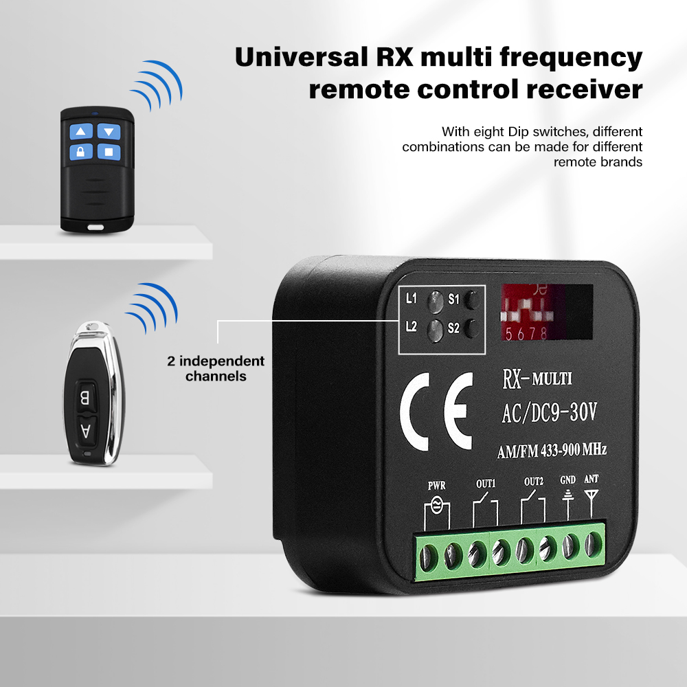 2CH RX Multi 433 a 900 Mhz Receiver Garage Door Opener Remote Control Gate External Multi-brand Controller Switch 12V 24V 220V